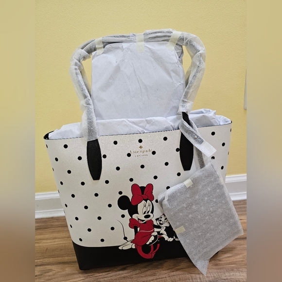 DisneyxKate Spade Minnie Mouse tote reversible black polka dot+matching wallet - Picture 2 of 12
